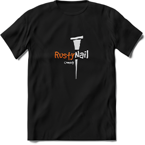 front of black shirt with Rusty Nail Comedy logo